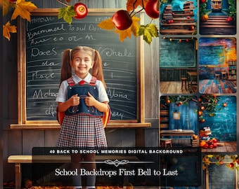 May include: A collage of 10 digital backdrops for school photos. The backdrops feature a variety of themes, including a classroom, a library, and a fall scene. The text "40 Back to School Memories Digital Background" and "School Backdrops First Bell to Last" is visible at the bottom of the collage.