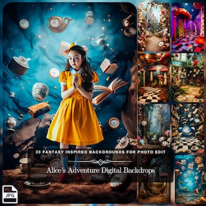 May include: A set of 30 digital backgrounds inspired by Alice in Wonderland. The backgrounds feature whimsical scenes with clocks, teacups, mushrooms, and playing cards. The text "Alice's Adventure Digital Backdrops" is displayed on the image.