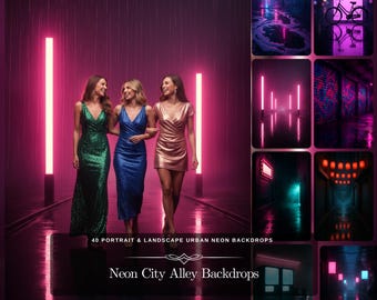 Neon City Alley-achtergronden: 40 digitale achtergronden voor fotobewerking: Neon Alley, Cyberpunk City, Rain Streets, stedelijke graffiti, digitale kunst