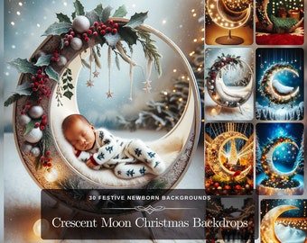 Crescent Moon Magic Christmas Holiday Backdrop: 30 Newborn Photography Digital Backdrops for Merry Christmas Gift or Night Sky Fantasy Art