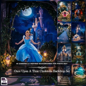 Op de afbeelding: Een digitale achtergrondset met 40 Cinderella-geïnspireerde achtergronden voor fotobewerking. De set bevat afbeeldingen van een sprookjeskasteel, een koets, een klokkentoren en een magisch bos. De tekst "Once Upon A Time Cinderella Backdrop Set" wordt onderaan de afbeelding weergegeven.