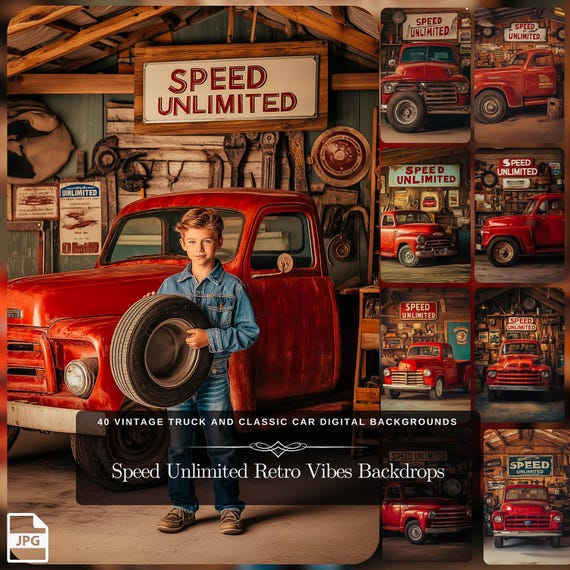 Speed Unlimited Retro Vibes Collection Digital Backgrounds: 40 Vintage Truck and Classic Car Digital Backdrops for Photo Edit in JPG Files.