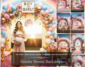 Gender Reveal Baby Shower Mutterschaft Backdrop: 60 Gender Party mit rosa oder blauen Luftballons Bogen Digitaler Download für Fine Art Fotografie