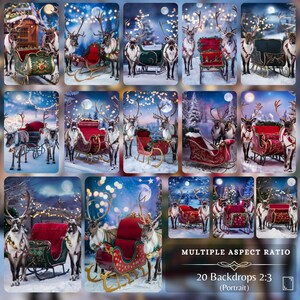 Multiple Santa sleighs in various designs and reindeer pairings, set against a snowy night. Each sleigh and reindeer pair provides a unique, festive Christmas backdrop for photo editing, enhancing any winter or holiday-themed photos.
