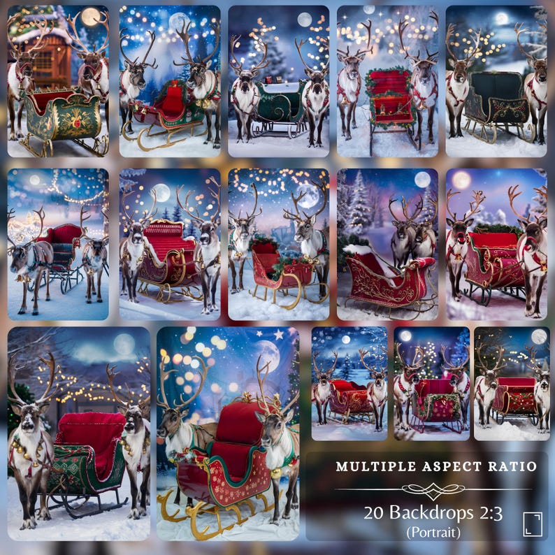 Multiple Santa sleighs in various designs and reindeer pairings, set against a snowy night. Each sleigh and reindeer pair provides a unique, festive Christmas backdrop for photo editing, enhancing any winter or holiday-themed photos.