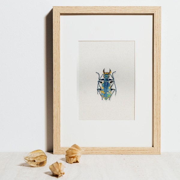 Aquarelle originale - Insecte,  scarabée bleu - Art print