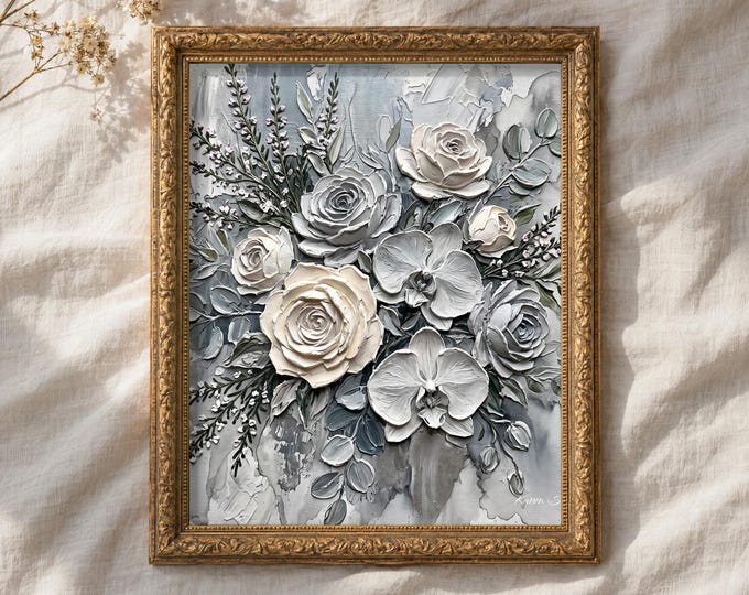Silver Vow | Textured Floral Digital Wall Art | Botanical Printable Artwork