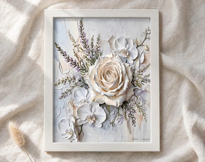 Cream Rose Floral Painting, Textured Lavender Printable Wall Art (Digital Download) 6