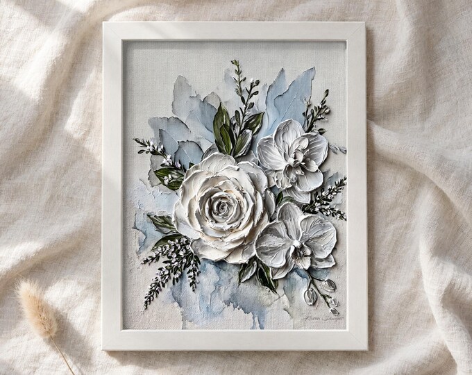 White Rose and Orchid Floral Painting, Winter Blue Printable Wall Art (Digital Download) 5