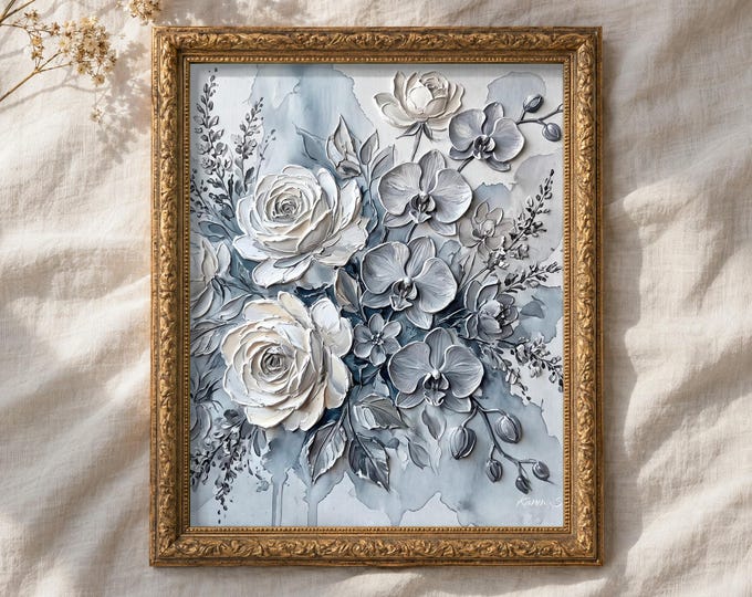 Pewter Garden | Textured Floral Digital Wall Art | Botanical Printable Artwork