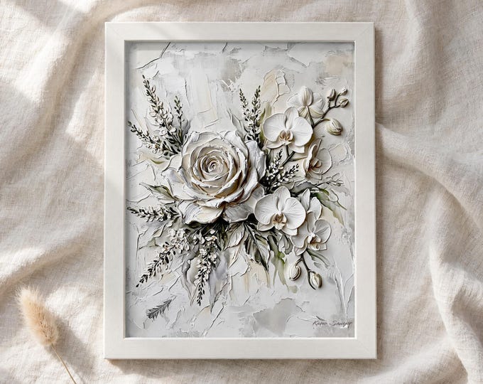 White Rose Floral Wall Art, Textured Cream Orchid Print, Farmhouse Printable (Digital Download) 4