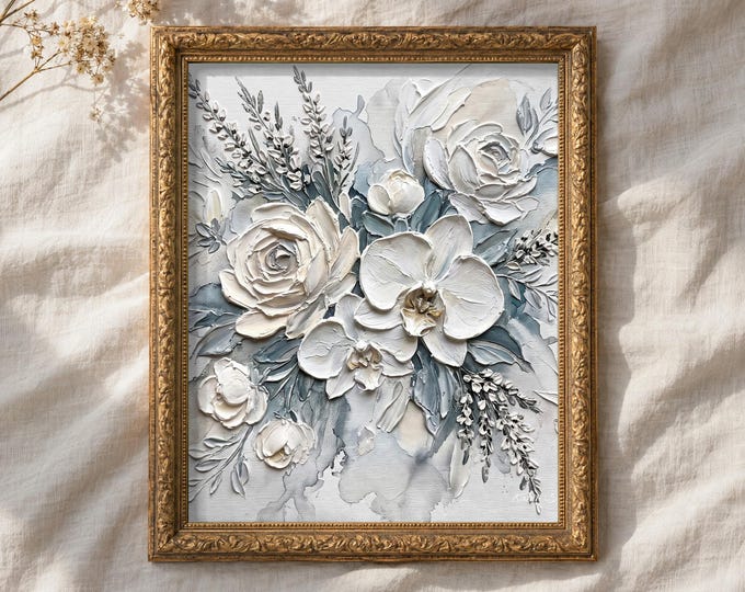Ivory & Pewter | Textured Floral Digital Wall Art | Botanical Printable Artwork