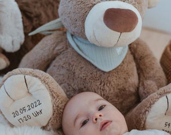 Lou der Bär mit Echtmaßen und Gewicht | Braunbär-Braun  | Geburtskissen Geburtsgeschenk Taufgeschenk Newborn Baby
