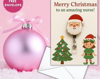 Tarjeta de felicitación navideña para enfermera: diseño de Papá Noel, elfo enfermero y árbol médico, tarjeta navideña divertida tamaño A5, ¡Feliz Navidad a una enfermera increíble!