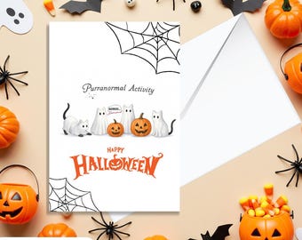 Ghost Cats Halloween Greeting Card | Funny Cat Halloween Card | Spooky Watercolor Cat Card | Cute Purranormal Activity Card