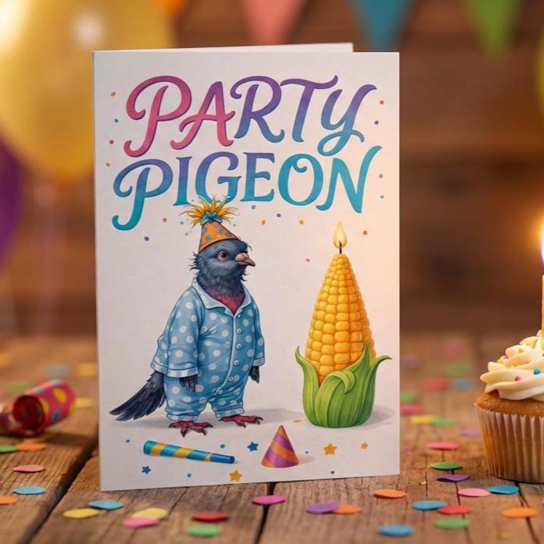Funny Party Pigeon Birthday Card – Cute Pigeon Greeting Card – Humorous ...