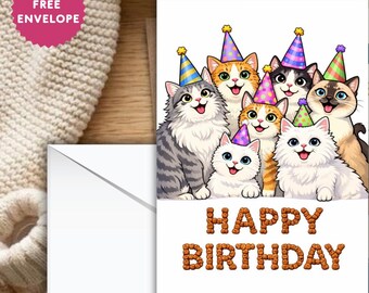 Funny Cat Birthday Greeting Card, Meme Cats Party Card, Cat Lover Birthday Card, Cute Pet Birthday Card