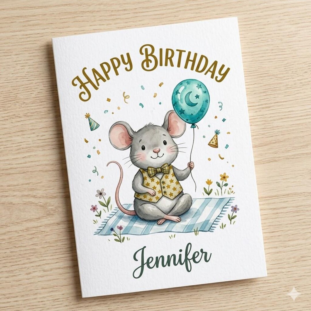 Personalised Happy Birthday Mouse Card – Cute Watercolor Mouse With ...