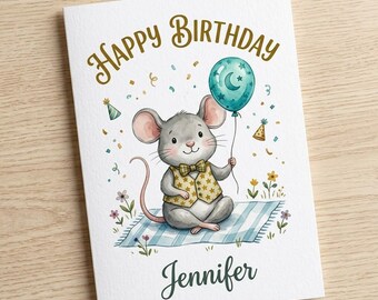 Personalised Happy Birthday Mouse Card – Cute Watercolor Mouse with Balloon & Bow Tie | Custom Name Ireland