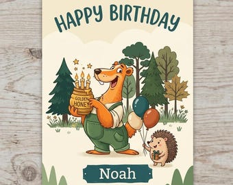 Personalised Kids Birthday Card – Cute Badger and Hedgehog with Golden Honey & Balloons | Custom Name Ireland