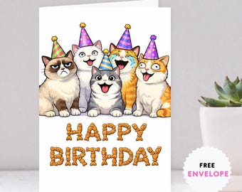 Cat Birthday Funny Greeting Card, Meme Cats Party Card, Cat Lover Birthday Card, Cute Pet Birthday Card