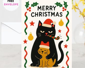 Funny Cat dog Christmas Card - dog Christmas Cat - Funny Xmas Cards For Cat Lovers - Cat cuddle dog ornaments, cat mums Funny postcard