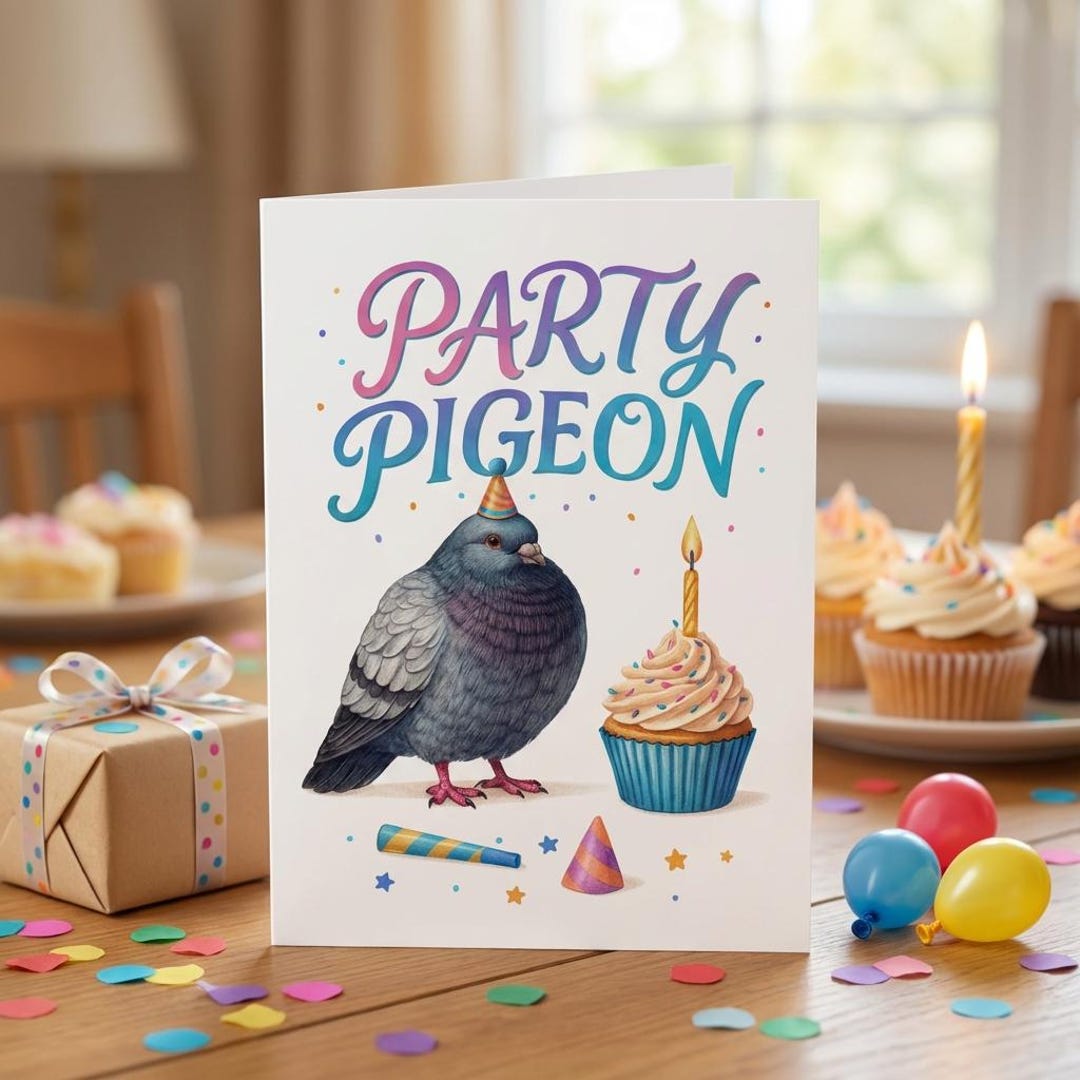 Funny Party Pigeon Birthday Card – Cute Pigeon Greeting Card – Humorous ...