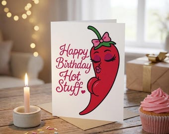 Funny Spicy Birthday Card – Sexy Chili Pepper Diva Illustration – Cute Flirty Printable Birthday Card for Partner, Husband, Wife, Boyfriend,