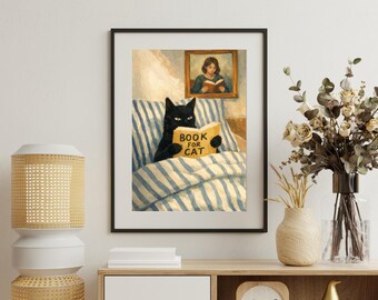 Cat Reading Wall Art Print – Black Cat Illustration, Cozy Bedroom Poster for Book Lovers, Cute Cat Home Decor
