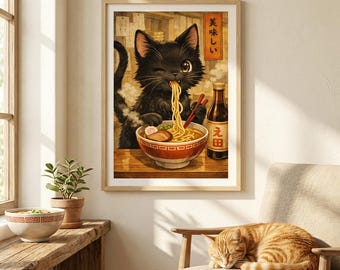 Ramen Kitty Art Print, Japanese Anime Poster, Cute Cat Illustration, Food Wall Decor, Gift for Cat Lovers