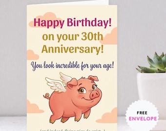 Birthday Card with Flying Pig, Humorous Greeting Card, Personalized Card for Friend, A5 Size Print, 30 Birthday Gift Idea for Her/Him