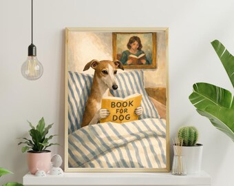 Greyhound Reading Print – Dog Wall Art, Cozy Bedroom Poster, Book Lover Dog Illustration