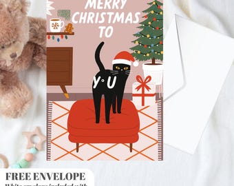 Funny Cat Christmas Card - Christmas Lover Cat - Funny Xmas Cards For Cat Lovers - Cat wishes you Merry Christmas to you, cat mums postcard