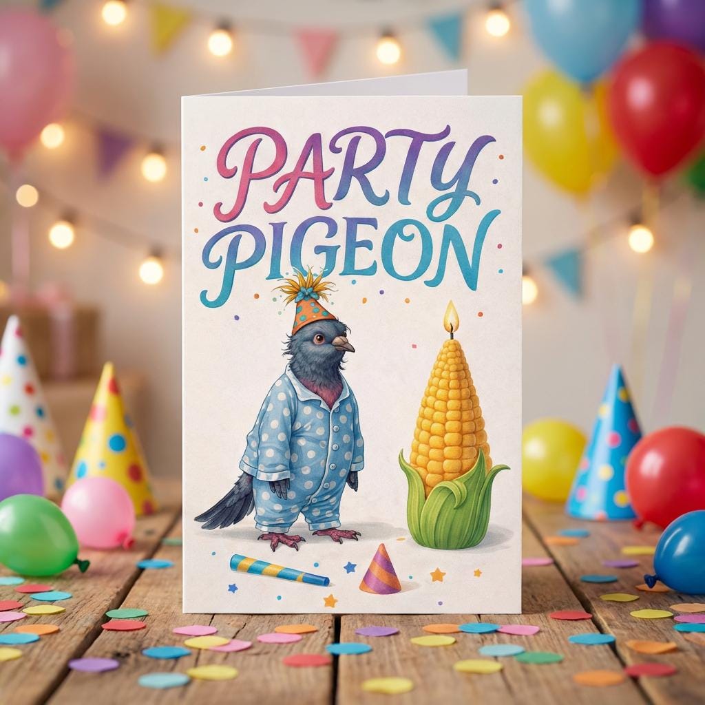 Funny Party Pigeon Birthday Card – Cute Pigeon Greeting Card – Humorous ...