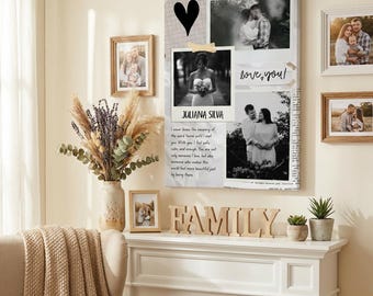 Personalised Canvas Print – Floral Family Photo Collage, Black & White Scrapbook Wall Art Gift