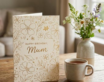 Mum Birthday Card – Elegant Floral Birthday Card for Mum, Minimal Gold Design, Classy Birthday Card for Mother