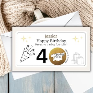 May include: A birthday card with the name "Jessica" and the text "Happy Birthday". The card features a gold scratch-off area with the text "shopping 200$" and the number "4". Includes a party popper graphic.