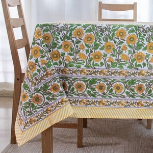 Exquisite Yellow cotton Indian block-printed tablecloth hand printed by skilled artisans. This tablecloth complements Summer dining, Picnic and summer parties.