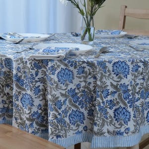 Hand Block Printed Cobalt Blue & Soft Grey Floral Duck Cotton Round Tablecloth on Ivory Base | Artisan Indian Dining Decor