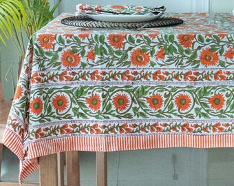 Orange Floral Block Print Cotton Tablecloth, Indian Handcrafted Linen Dining Cover