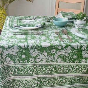 Green Block Print Tablecloth, Cotton Floral, Rectangle Dining Table Cover, French Vintage Tablecloth Kitchen Housewarming gift Wedding gift