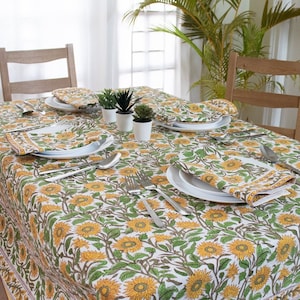 Cotton Block Print Tablecloth, Yellow Floral Vintage tablecloth, French Kitchen and Dining Table Cover, Kitchen Dining Housewarming gifts,