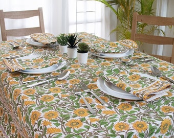 Baumwoll Block Print Tischdecke: Gelbe Blumen Französische Küchendecke