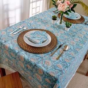 Sky Blue, Indian Block-Print Tablecloth, Floral Cotton Table Cover, Tablecloth Napkins Set, Rectangle Tablecloth, Dining Table Decor