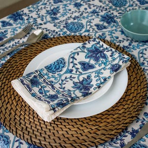 Blue Indian Block Print Dinner Napkins – Hand Block Printed Cotton Cloth Napkin Set | Hostess Gift, Housewarming, Spring & Summer Décor&quot;