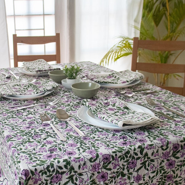 Lavender Floral Block Printed Tablecloth, French Provence Table cover, Tablecloth Napkins Set, Rectangle Tablecloth, Dining Table Décor