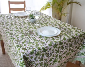 Green Indian Block Print Tablecloth, French Floral Cotton Table Cover, Tablecloth Napkins Set, Rectangle Tablecloth, Dining Table Decor