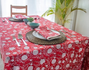Red Floral Hand Block Print Tablecloth - Indian Cotton Dining Table Cover