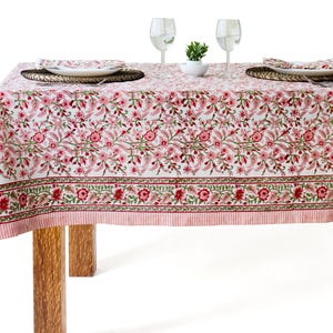 Peach Floral Tablecloth – Hand Block Printed Cotton, Table Linen image 9