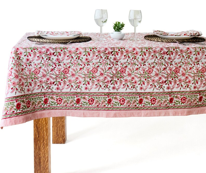 Peach Floral Tablecloth – Hand Block Printed Cotton, Table Linen image 9